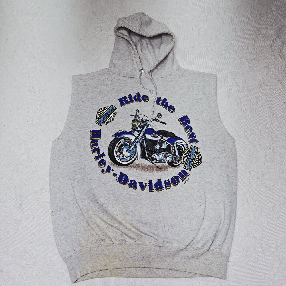 Harley Davidson Motorcycle Grey Muscle Shirt Hoodie Mens XL Vintage Deadstock